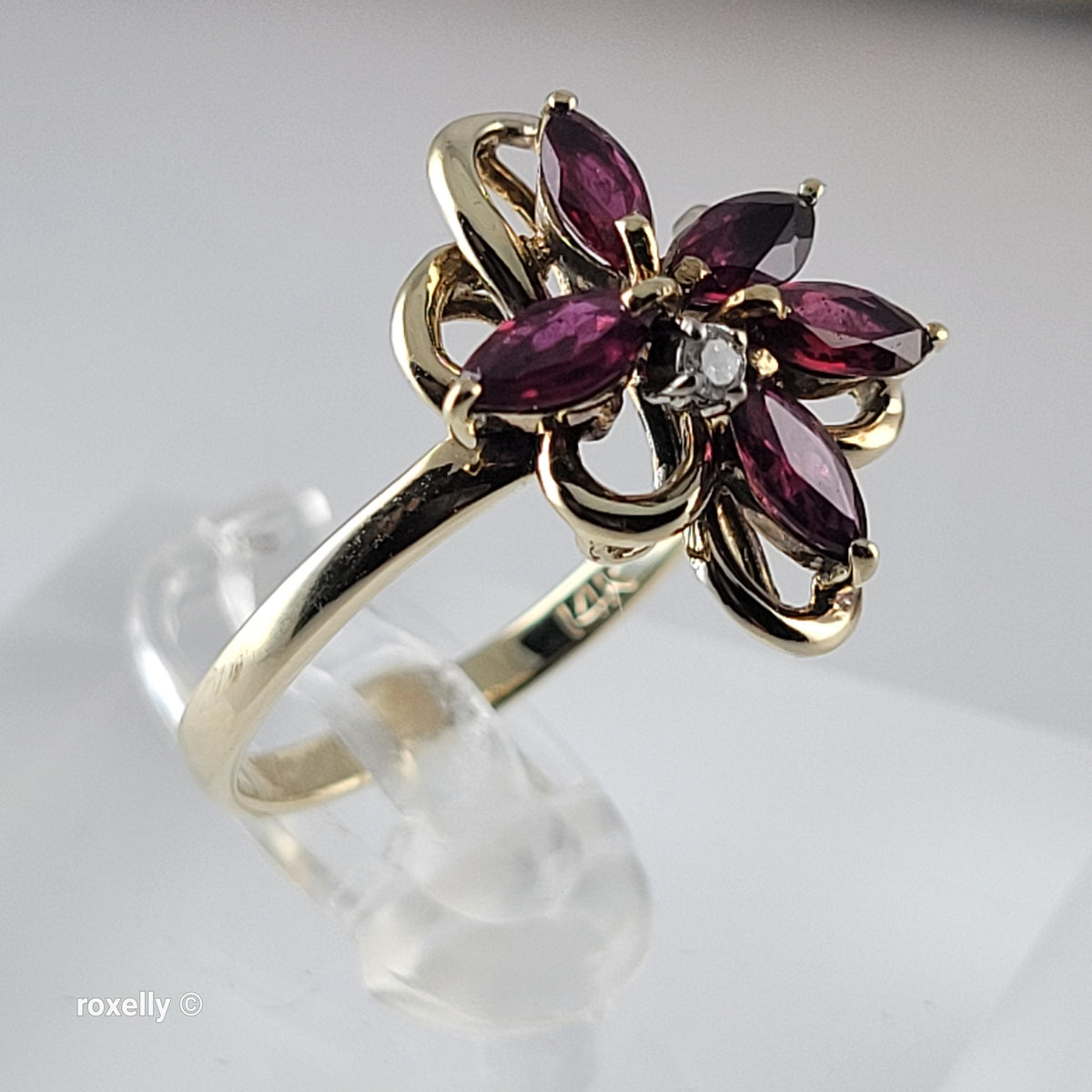 14K Yellow Gold Rubies and Diamond Flower-Shaped Ring Size 6.5 - Solid Gold
