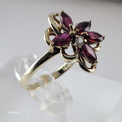 14K Yellow Gold Rubies and Diamond Flower-Shaped Ring Size 6.5 - Solid Gold