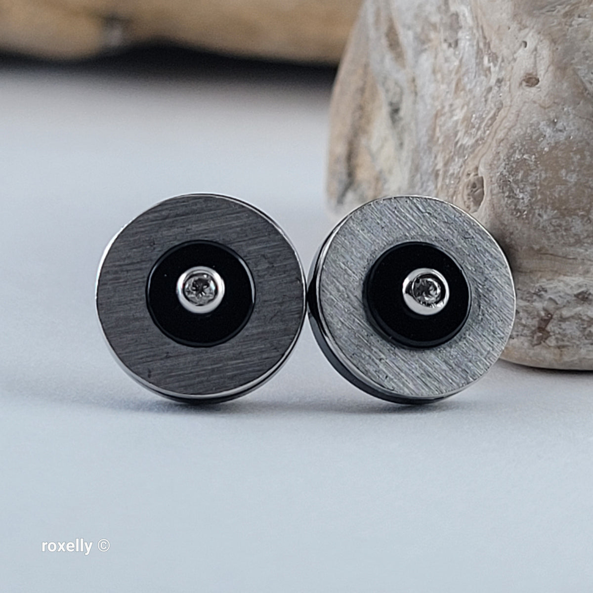 14K White Gold Genuine Diamond & Black Onyx Stud Earrings - Solid Gold