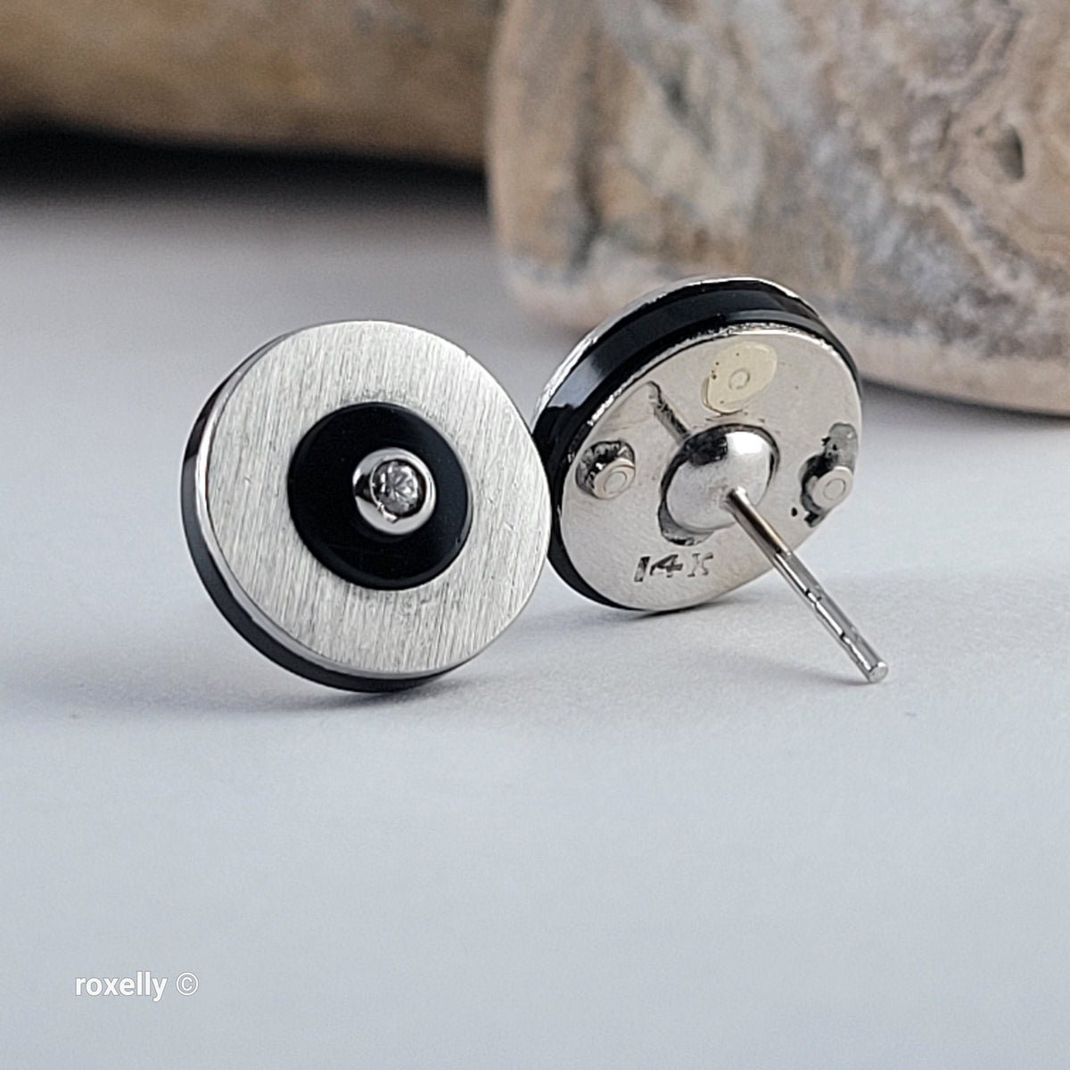 14K White Gold Genuine Diamond & Black Onyx Stud Earrings - Solid Gold