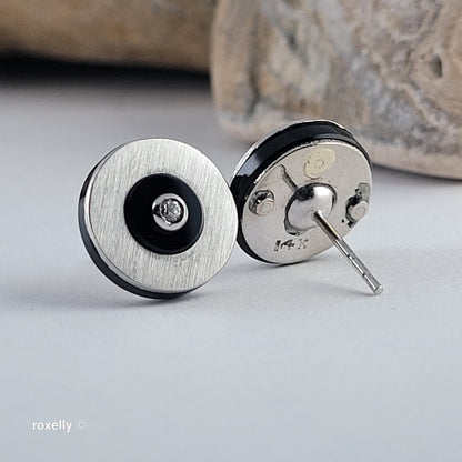 14K White Gold Genuine Diamond & Black Onyx Stud Earrings - Solid Gold