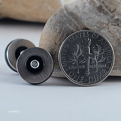 14K White Gold Genuine Diamond & Black Onyx Stud Earrings - Solid Gold