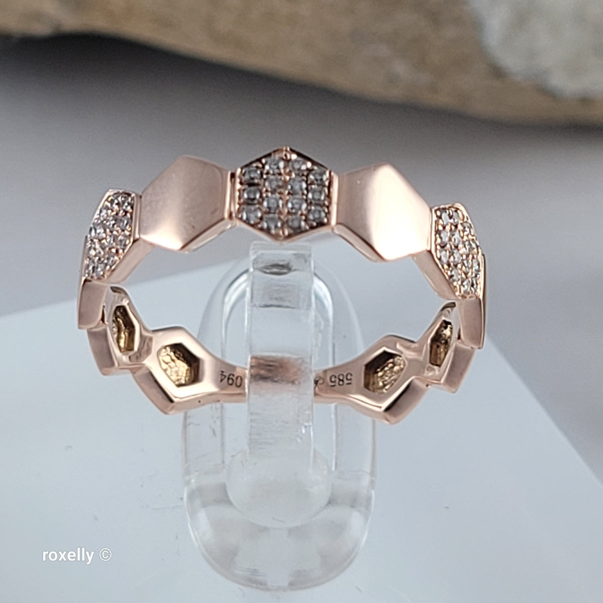 14K Rose Gold Genuine Diamonds Hexagon Band Ring Size 6.25 - Solid Gold