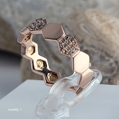 14K Rose Gold Genuine Diamonds Hexagon Band Ring Size 6.25 - Solid Gold