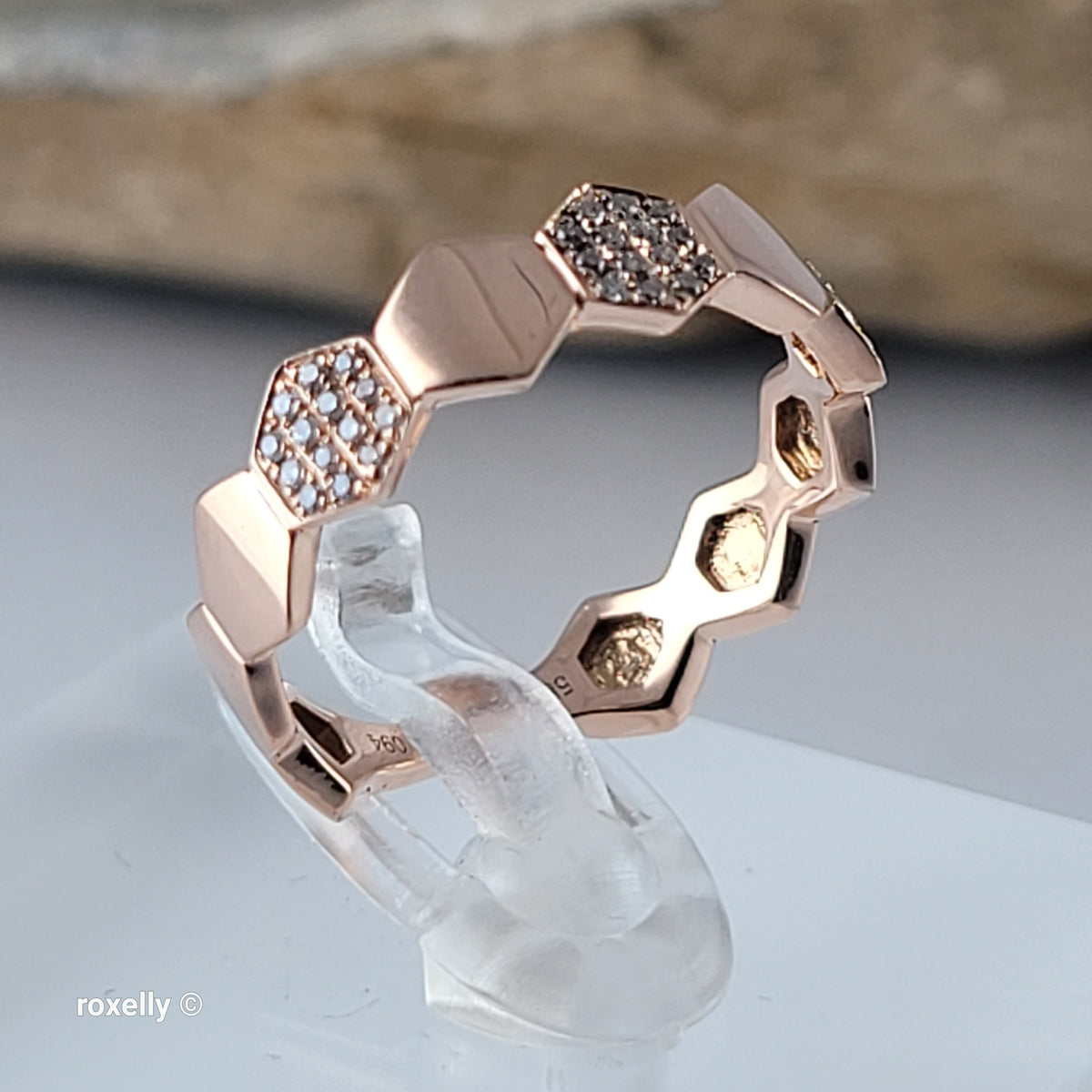 14K Rose Gold Genuine Diamonds Hexagon Band Ring Size 6.25 - Solid Gold