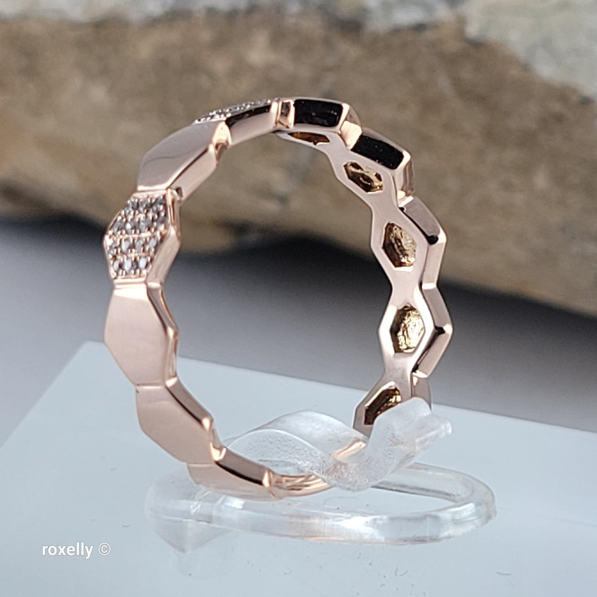 14K Rose Gold Genuine Diamonds Hexagon Band Ring Size 6.25 - Solid Gold