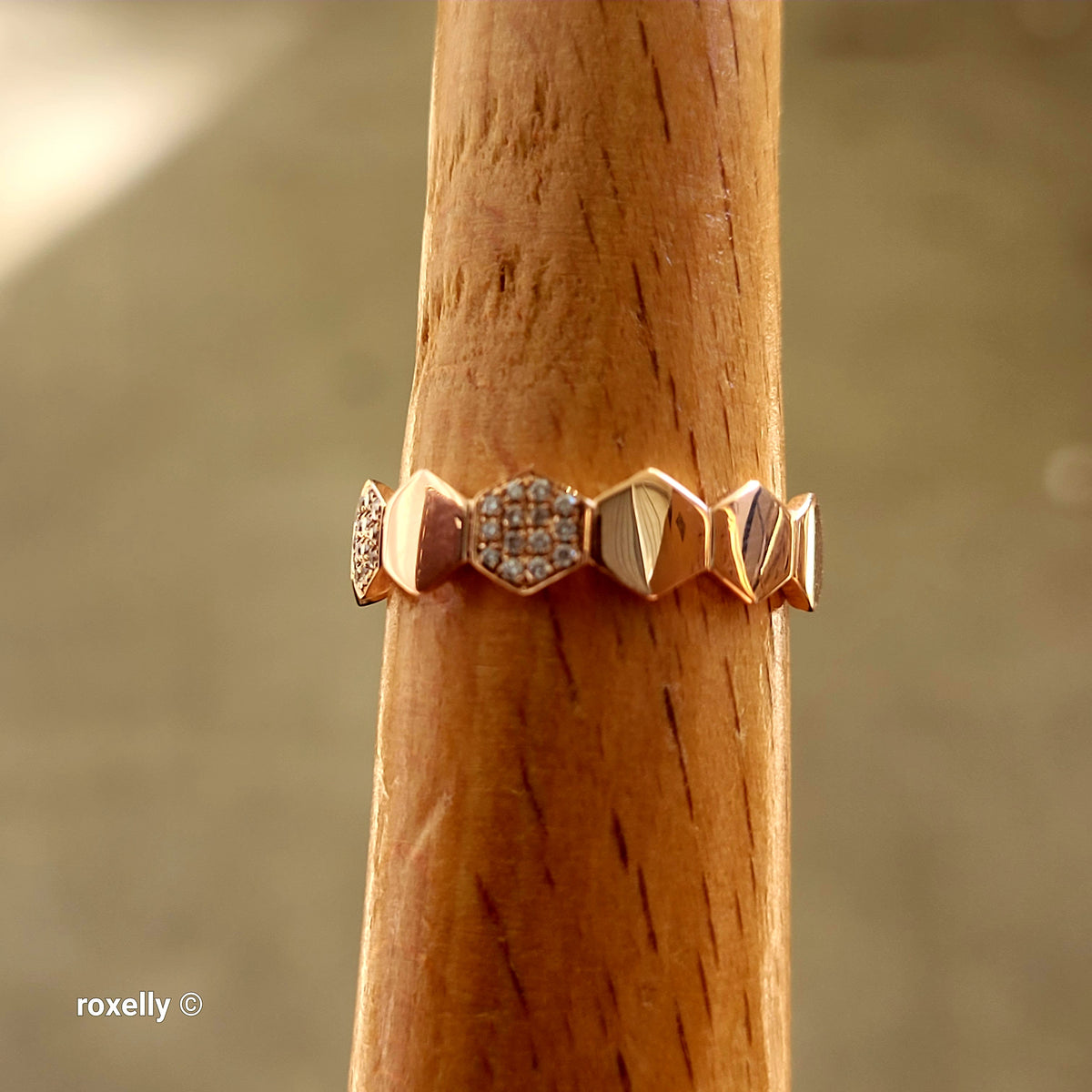 14K Rose Gold Genuine Diamonds Hexagon Band Ring Size 6.25 - Solid Gold