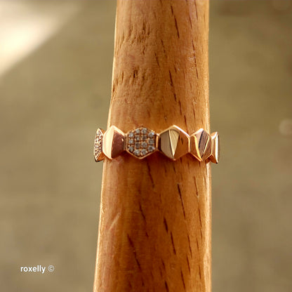 14K Rose Gold Genuine Diamonds Hexagon Band Ring Size 6.25 - Solid Gold