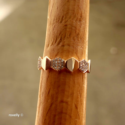 14K Rose Gold Genuine Diamonds Hexagon Band Ring Size 6.25 - Solid Gold