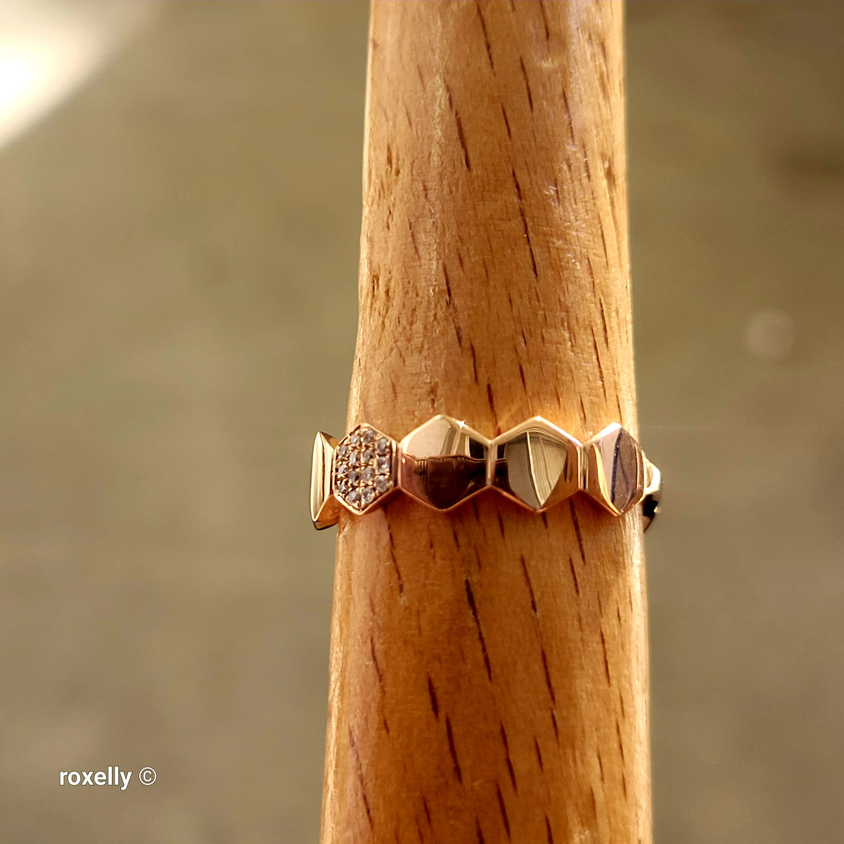 14K Rose Gold Genuine Diamonds Hexagon Band Ring Size 6.25 - Solid Gold