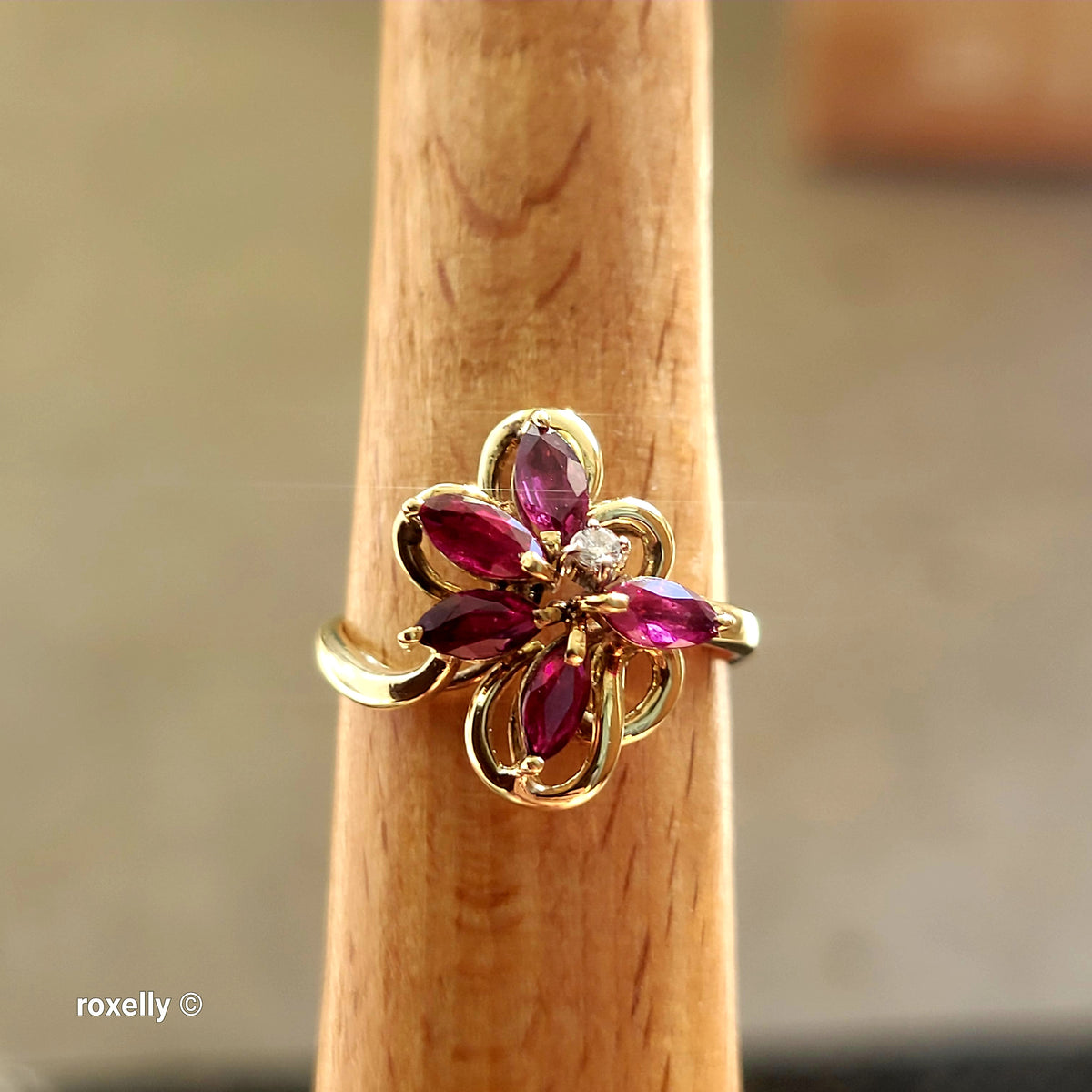 14K Yellow Gold Rubies and Diamond Flower-Shaped Ring Size 6.5 - Solid Gold