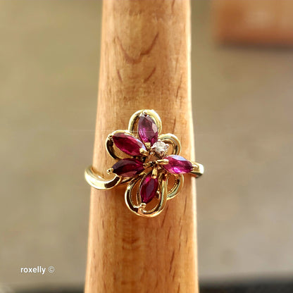 14K Yellow Gold Rubies and Diamond Flower-Shaped Ring Size 6.5 - Solid Gold