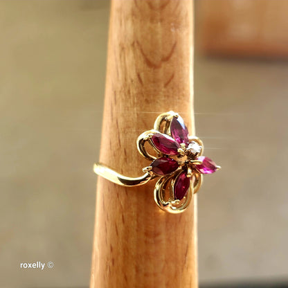 14K Yellow Gold Rubies and Diamond Flower-Shaped Ring Size 6.5 - Solid Gold