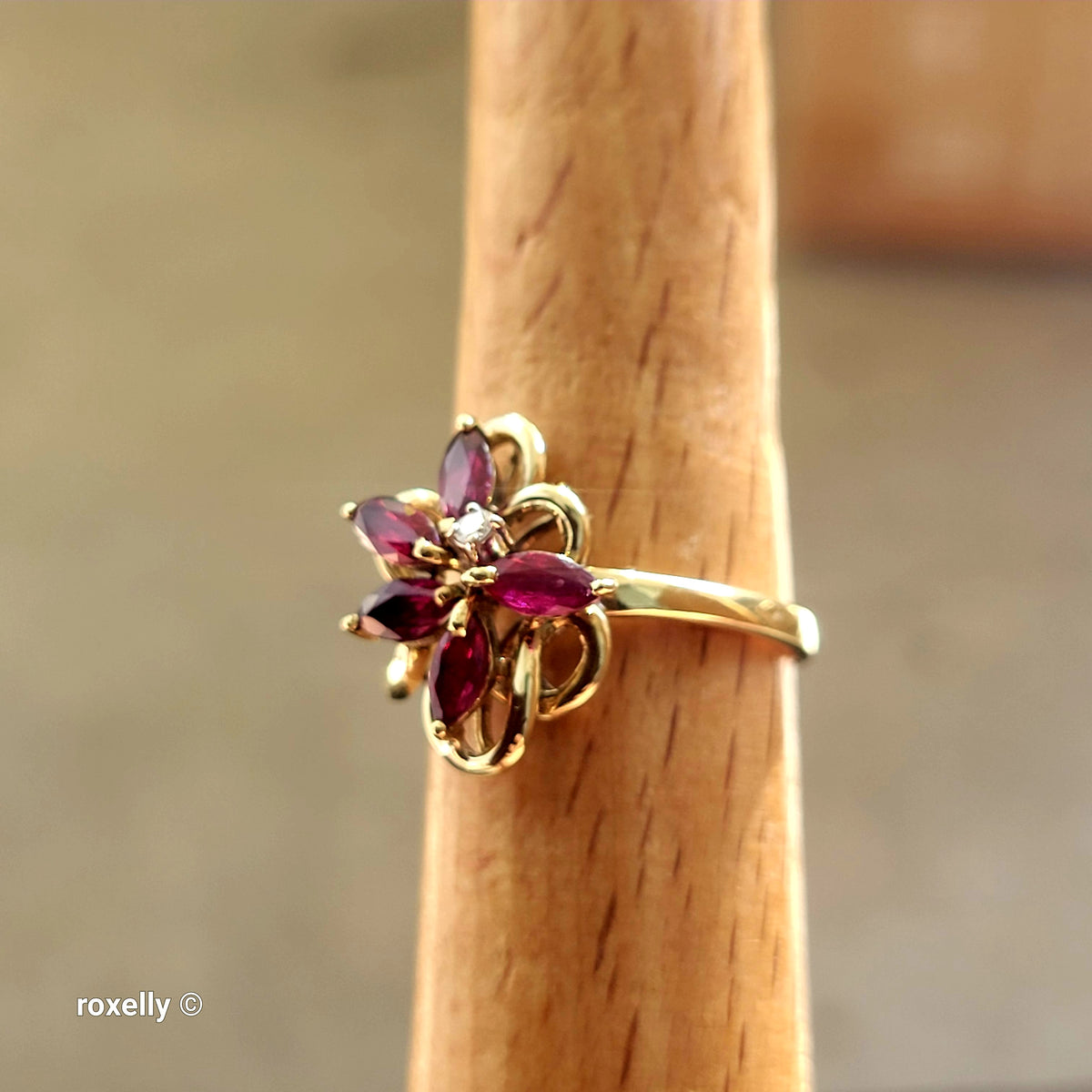 14K Yellow Gold Rubies and Diamond Flower-Shaped Ring Size 6.5 - Solid Gold