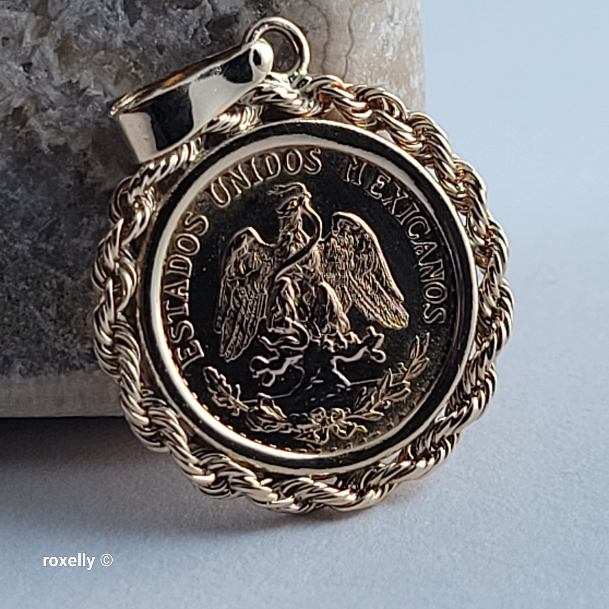 1945 Mexico Dos Pesos 22K Gold Coin Pendant 14K Bezel, 14K Bail