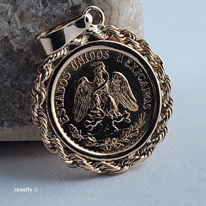 1945 Mexico Dos Pesos 22K Gold Coin Pendant 14K Bezel, 14K Bail