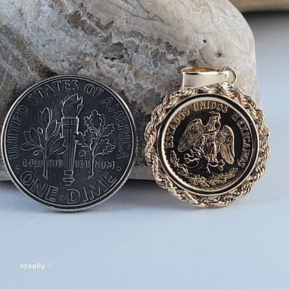 1945 Mexico Dos Pesos 22K Gold Coin Pendant 14K Bezel, 14K Bail