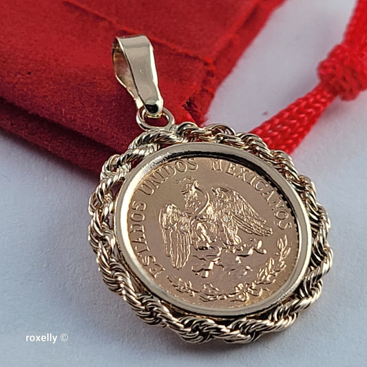 1945 Mexico Dos Pesos 22K Gold Coin Pendant 14K Bezel, 14K Bail
