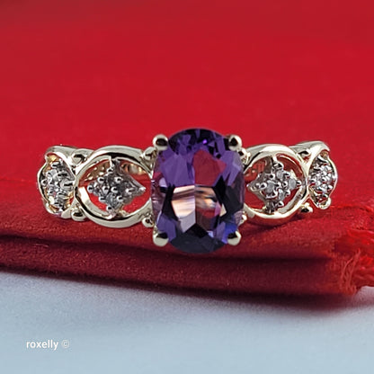 14K Yellow Gold Amethyst and Genuine Diamonds Ring Size 7 - Solid Gold