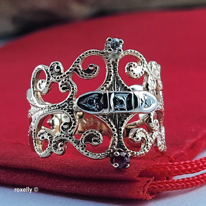 Vintage 14K Yellow Gold Ruby and Genuine Diamonds Filigree Ring Size 5.5 - Solid Gold