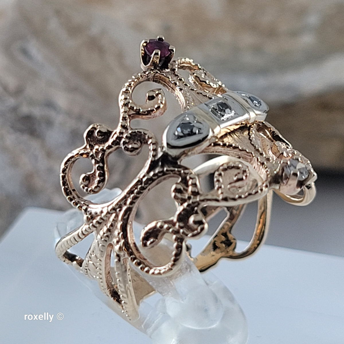Vintage 14K Yellow Gold Ruby and Genuine Diamonds Filigree Ring Size 5.5 - Solid Gold