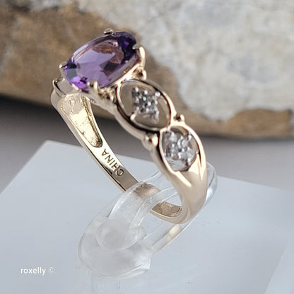 14K Yellow Gold Amethyst and Genuine Diamonds Ring Size 7 - Solid Gold