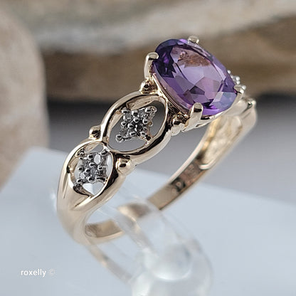 14K Yellow Gold Amethyst and Genuine Diamonds Ring Size 7 - Solid Gold