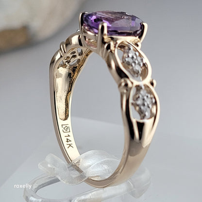 14K Yellow Gold Amethyst and Genuine Diamonds Ring Size 7 - Solid Gold
