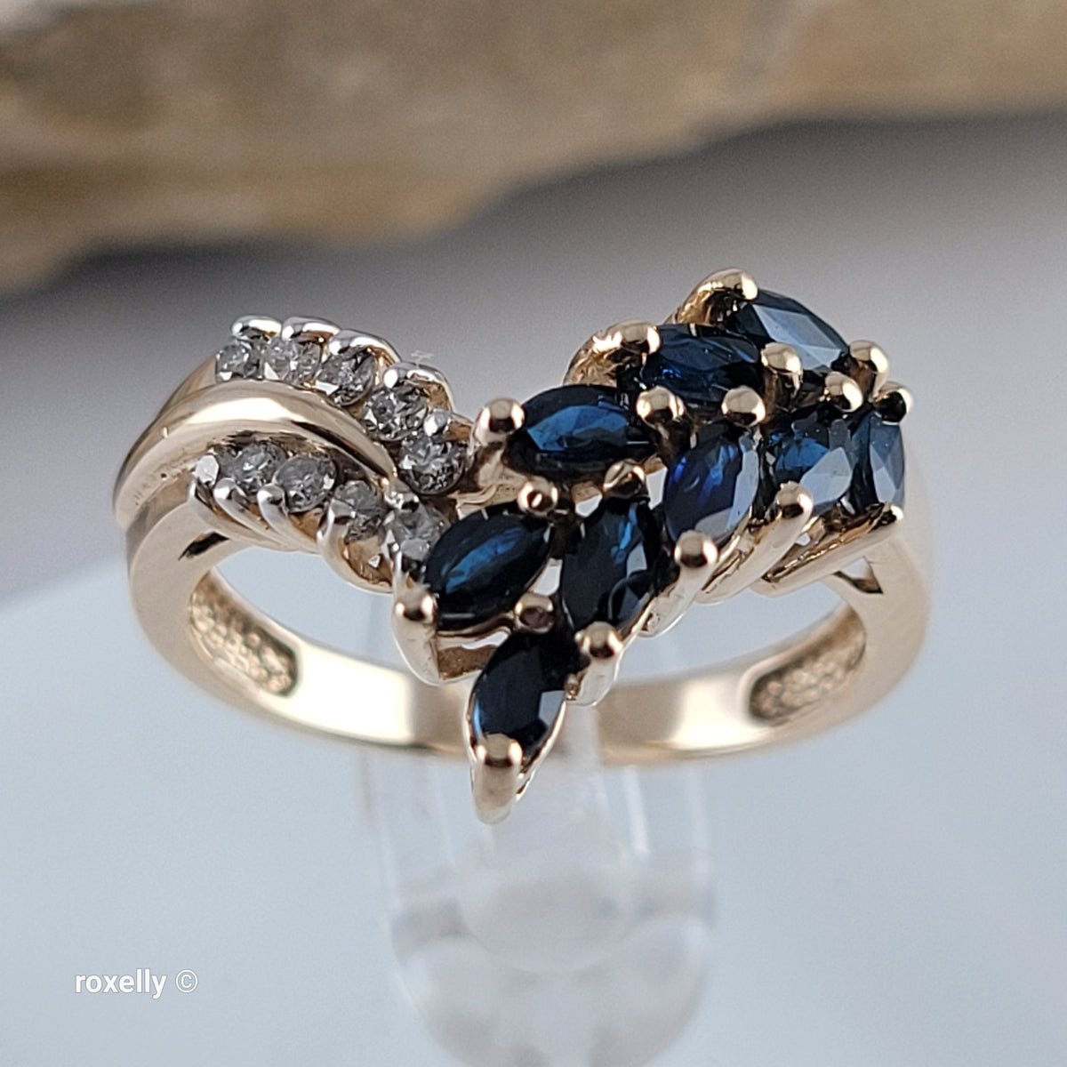 14K Yellow Gold Sapphires and Genuine Diamonds Tiara Ring Size 6.75 - Solid Gold