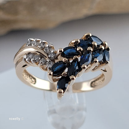 14K Yellow Gold Sapphires and Genuine Diamonds Tiara Ring Size 6.75 - Solid Gold