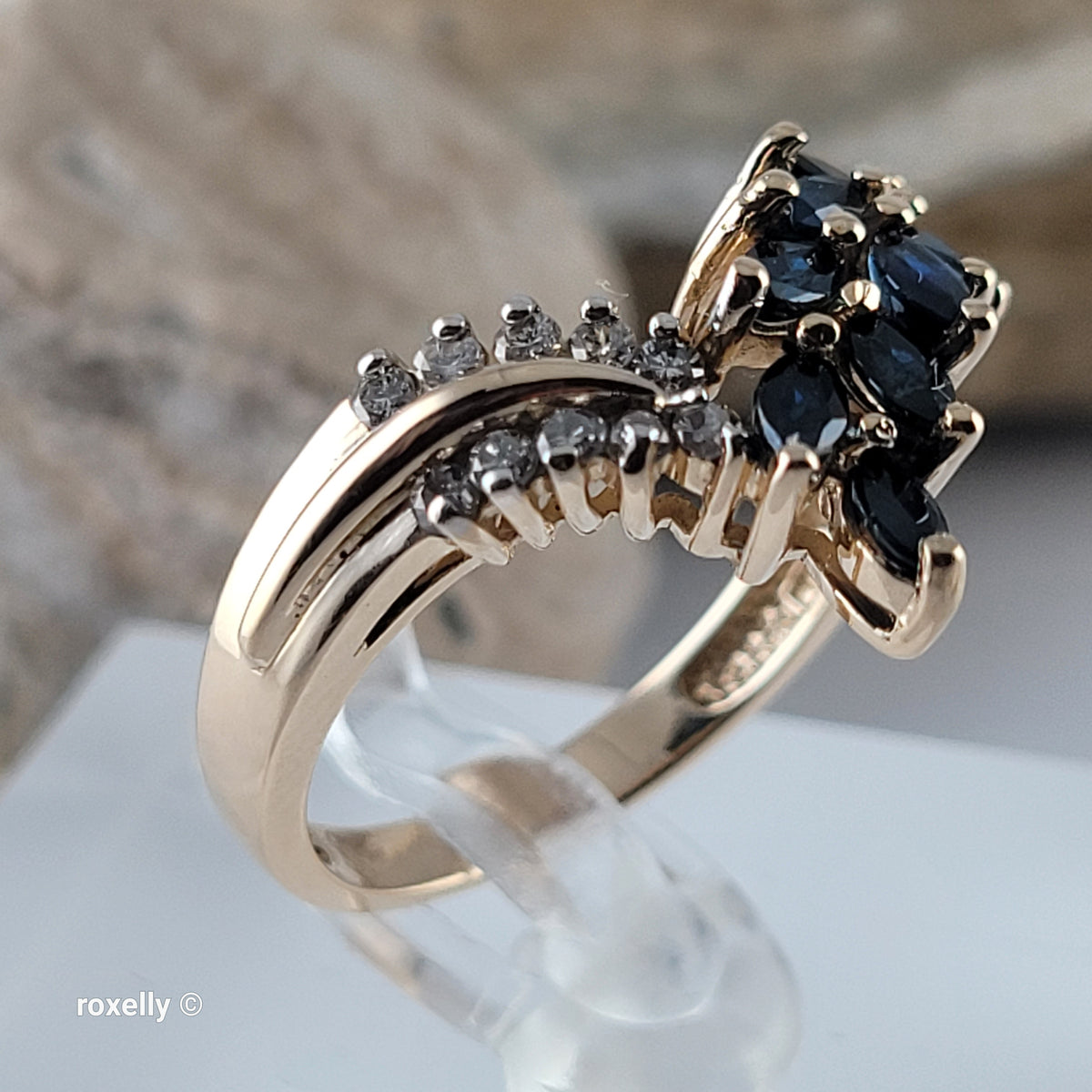 14K Yellow Gold Sapphires and Genuine Diamonds Tiara Ring Size 6.75 - Solid Gold