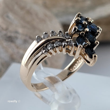 14K Yellow Gold Sapphires and Genuine Diamonds Tiara Ring Size 6.75 - Solid Gold