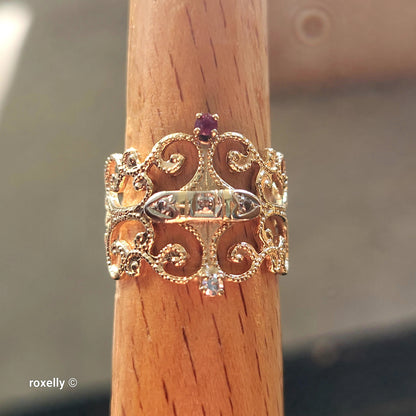 Vintage 14K Yellow Gold Ruby and Genuine Diamonds Filigree Ring Size 5.5 - Solid Gold