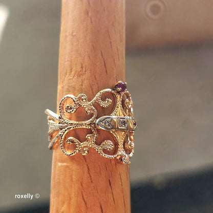 Vintage 14K Yellow Gold Ruby and Genuine Diamonds Filigree Ring Size 5.5 - Solid Gold