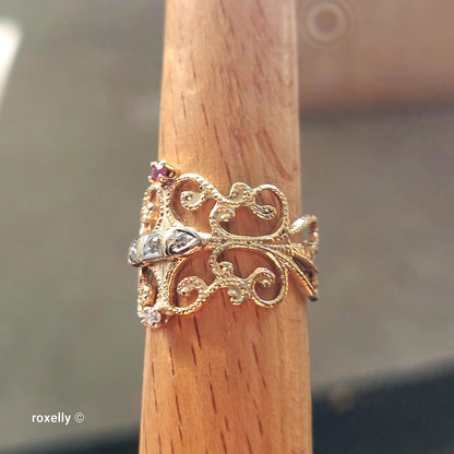 Vintage 14K Yellow Gold Ruby and Genuine Diamonds Filigree Ring Size 5.5 - Solid Gold