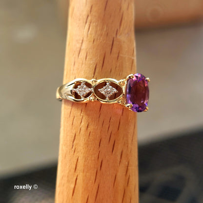 14K Yellow Gold Amethyst and Genuine Diamonds Ring Size 7 - Solid Gold