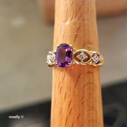 14K Yellow Gold Amethyst and Genuine Diamonds Ring Size 7 - Solid Gold