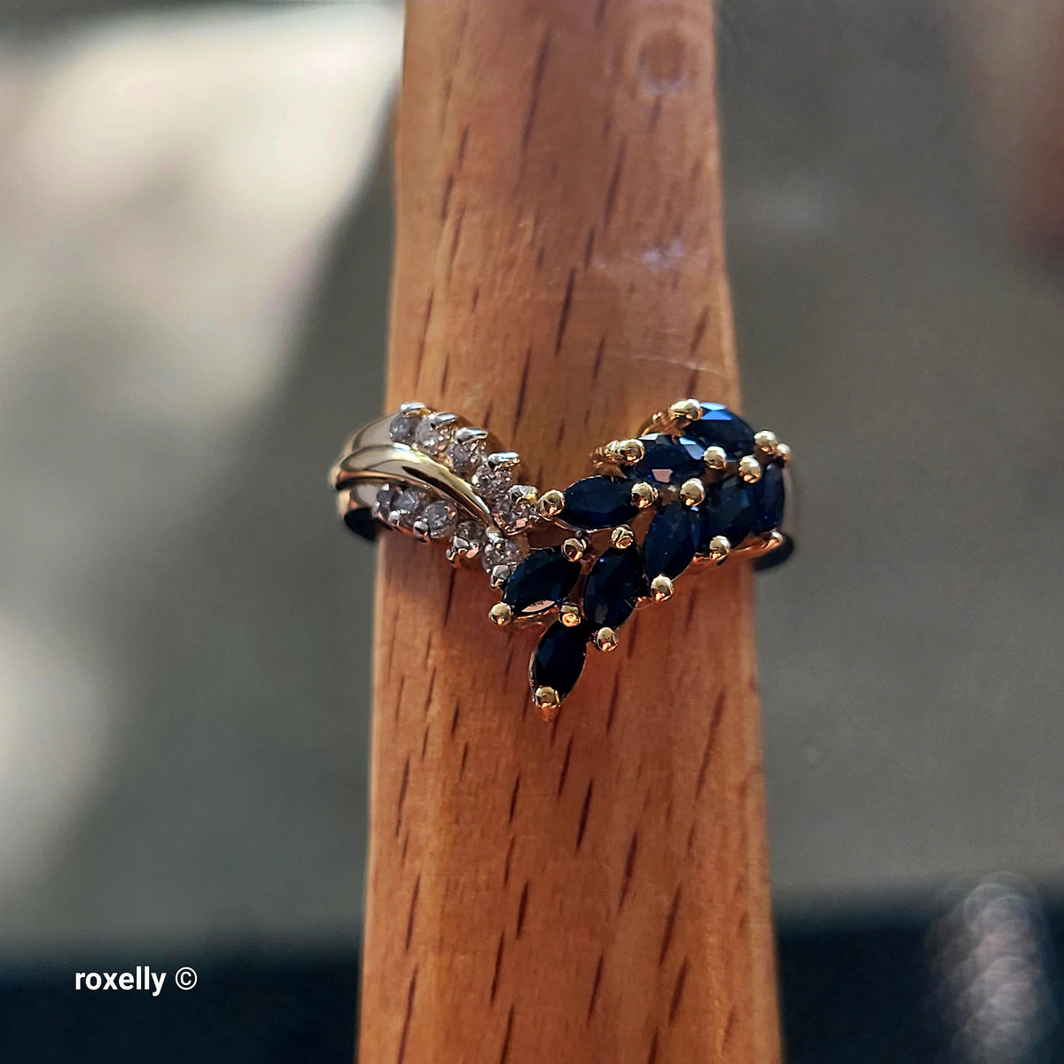 14K Yellow Gold Sapphires and Genuine Diamonds Tiara Ring Size 6.75 - Solid Gold