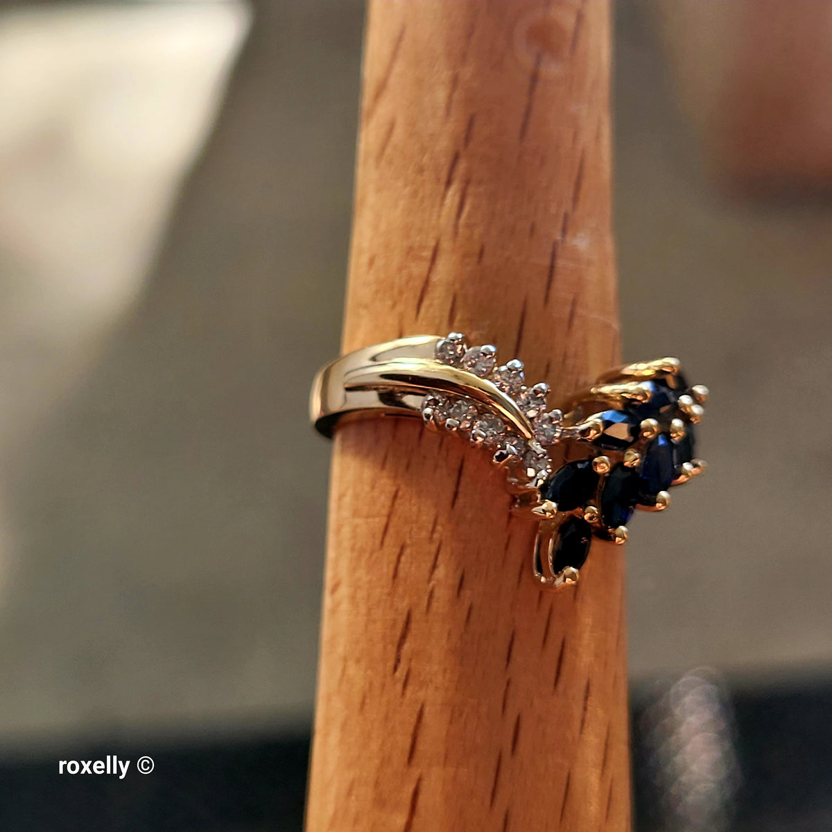 14K Yellow Gold Sapphires and Genuine Diamonds Tiara Ring Size 6.75 - Solid Gold