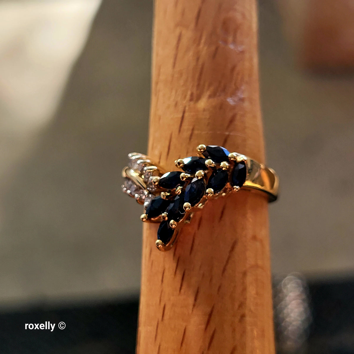 14K Yellow Gold Sapphires and Genuine Diamonds Tiara Ring Size 6.75 - Solid Gold
