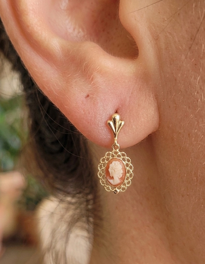 14K Yellow Gold Cameo Design Tiny Earrings, Solid Gold