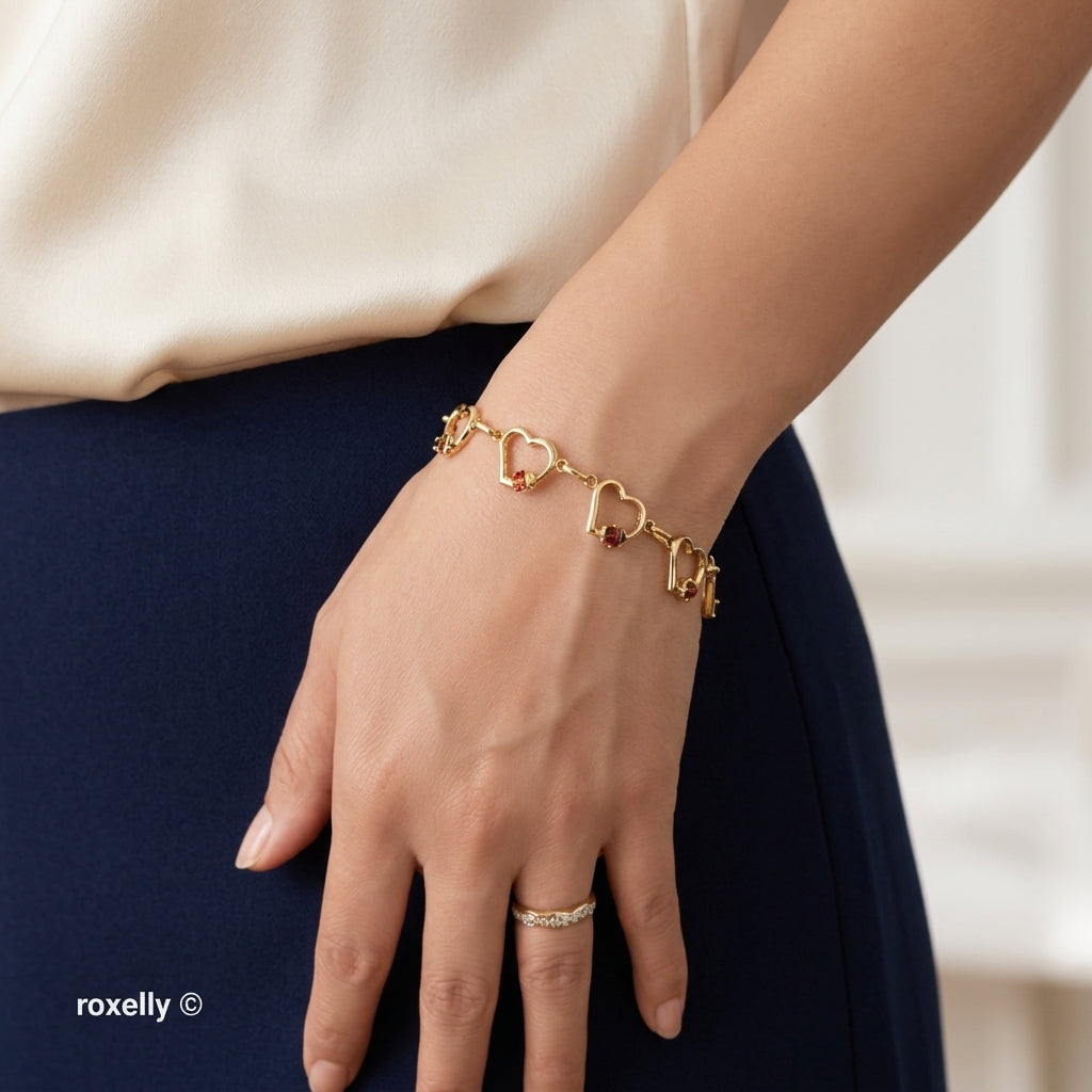 14K Yellow Gold Heart & Ladybug Link Bracelet - Solid Gold, Made in Turkey