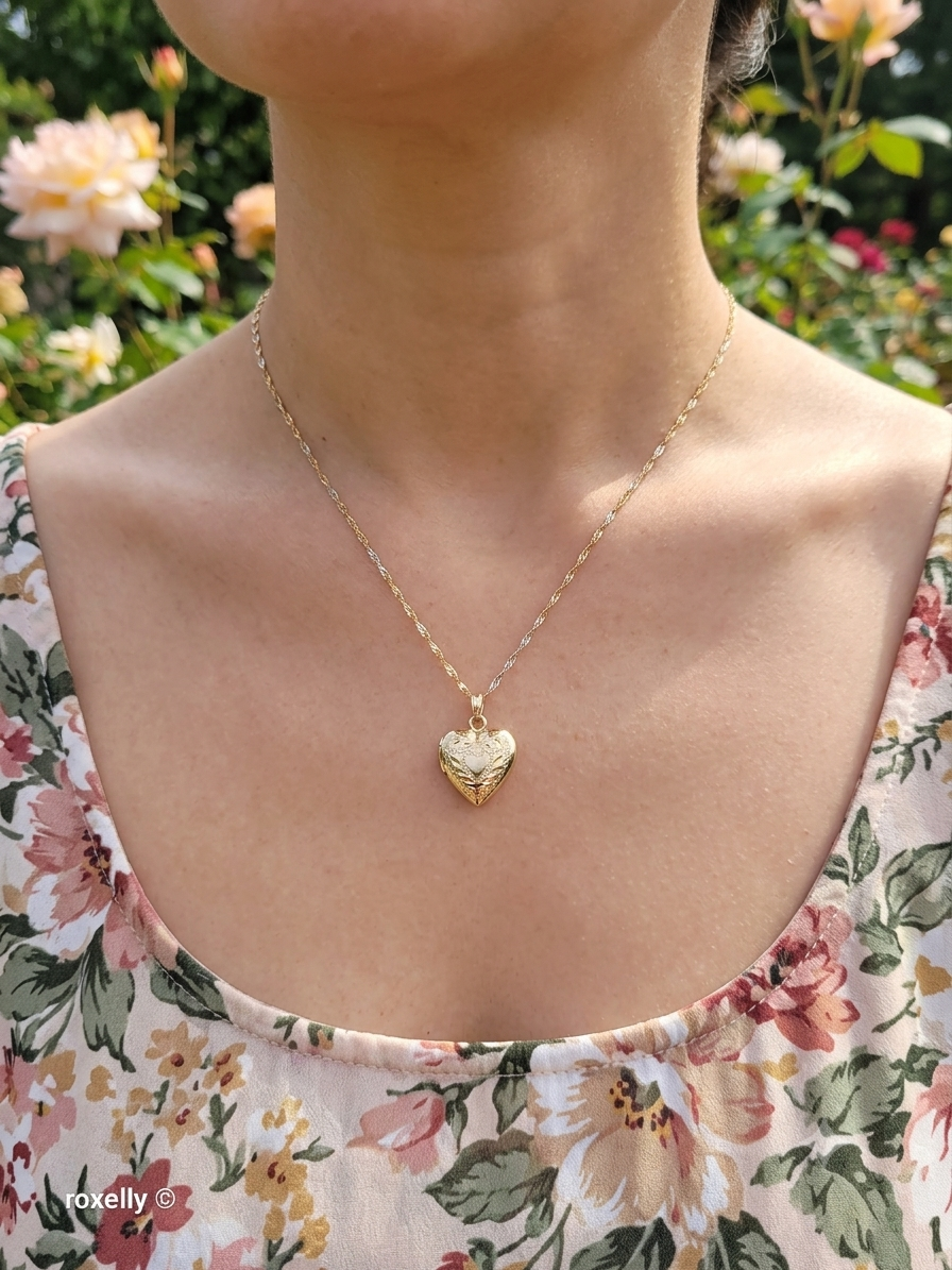 14K Two-Tone of Gold Singapore Chain Necklace, and Heart-Shaped Locket, Made in Italy