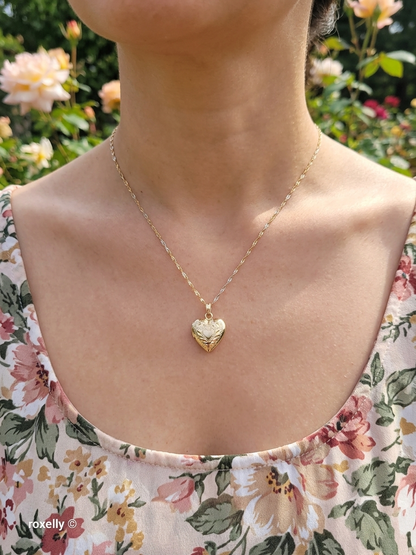 14K Two-Tone of Gold Singapore Chain Necklace, and Heart-Shaped Locket, Made in Italy