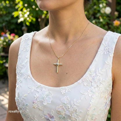 14K Two-Tone Gold Diamond-Cut Cross Pendant - Solid Gold, Made in Italy