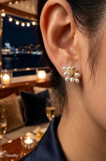 14K Yellow Gold Freshwater Pearl & Natural Diamond Floral Earrings – Like New