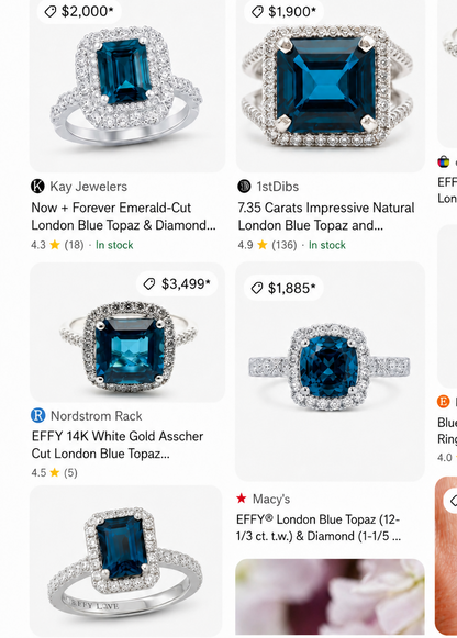 EFFY 14K Solid White Gold London Blue Topaz Diamond Ring, Asscher Cut Genuine Gemstone, Art Deco Style, 0.45ctw Diamonds - Size 7.75