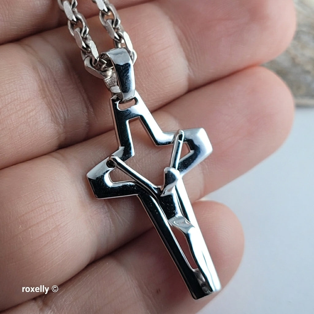 18K White Gold Modern Open-Design Crucifix Cross Pendant – Made in Italy