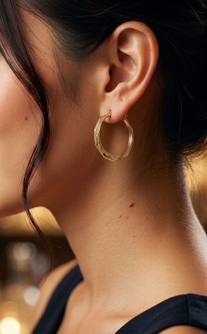 14K Yellow Gold Diamond-Cut Hoop Earrings, Solid Gold!