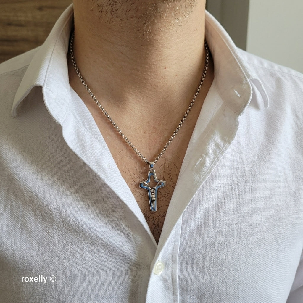 18K White Gold Modern Open-Design Crucifix Cross Pendant – Made in Italy